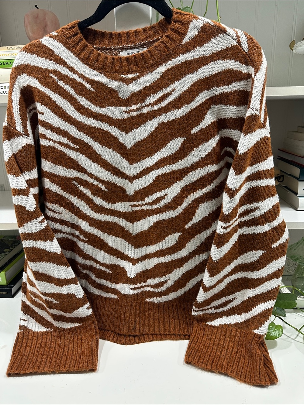 Nine West Brown and White Zebra-Print Crewneck Sweater